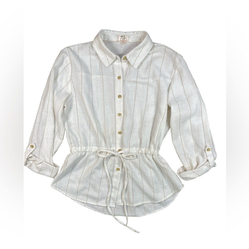Dizzy Lizzy Cream Striped Button Front Blouse‎ Drawstring Waist L